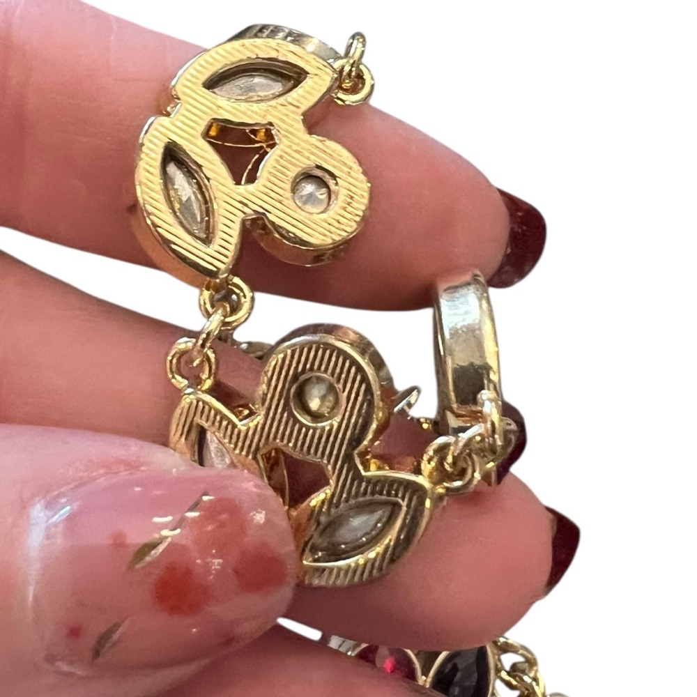 Liz Claiborne Statement Necklace Signed Red Purple Stone Flowers‎ Gold Tone 20” - Picture 12 of 14